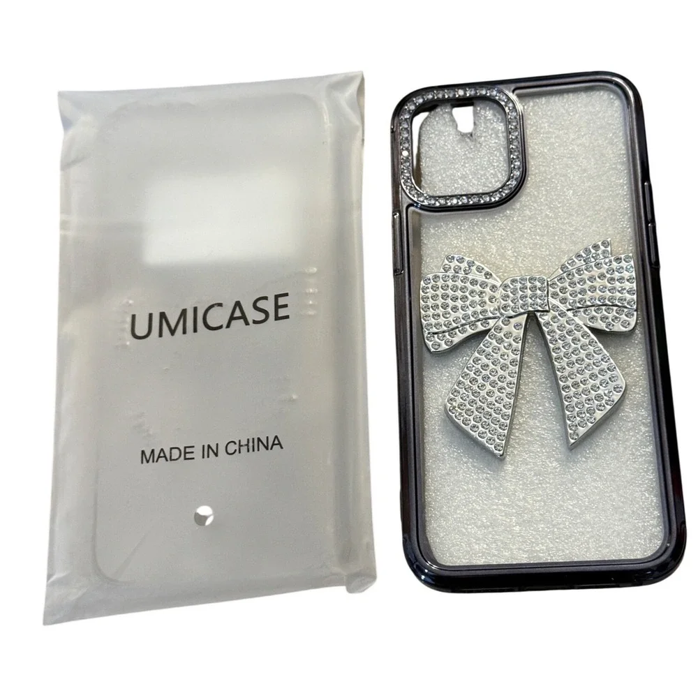 UMICASE iPhone 12 Pro Max Case Clear Rhinestone Bow Jeweled Camera Cover Silver